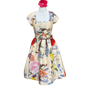 Eshakti floral fit and flare Duponi sateen lined belted romantic dress Size 10+